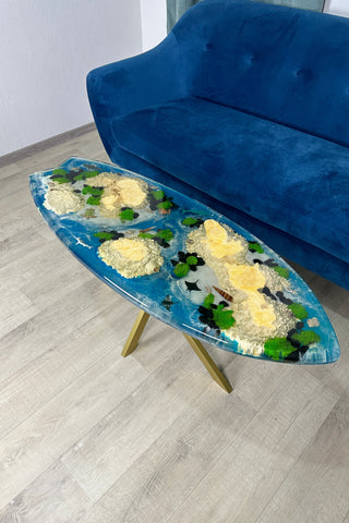 Aquarium surfboard coffee table