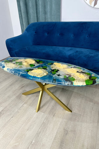Aquarium surfboard coffee table