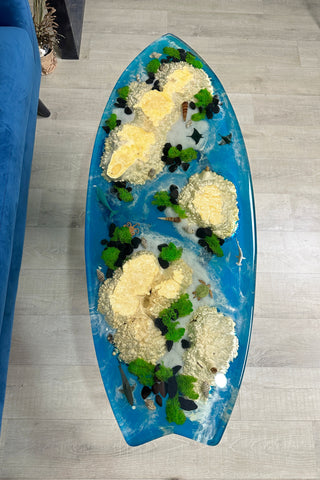 Aquarium surfboard coffee table