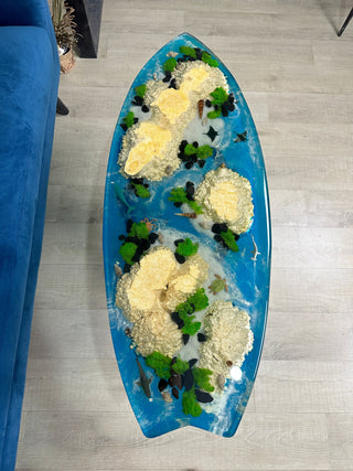 Aquarium surfboard coffee table
