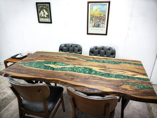 Black Walnut Wood Pearl Green Epoxy River Dining Table