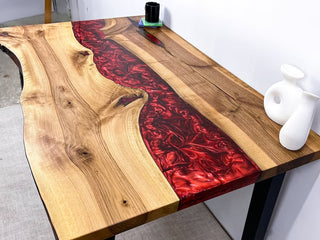 Black Walnut Wood Pearl Red Epoxy River Dining Table