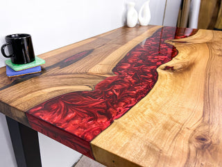 Black Walnut Wood Pearl Red Epoxy River Dining Table