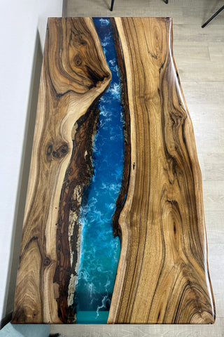 Walnut Wood Blue River Epoxy Table