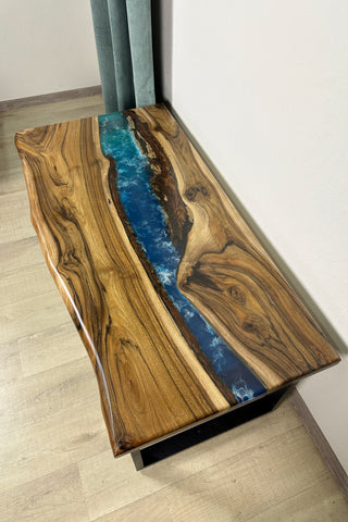 Walnut Wood Blue River Epoxy Table