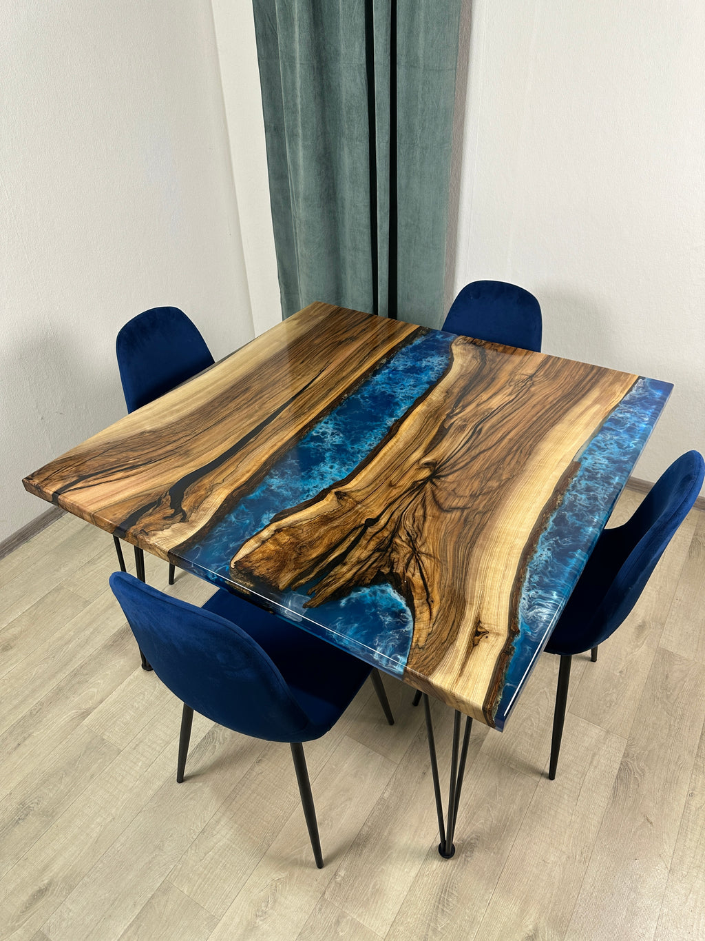 Square Blue Epoxy River Dining Table – ThunderWood Studio