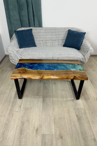 Walnut Wood River Coffee Table with Blue Resin