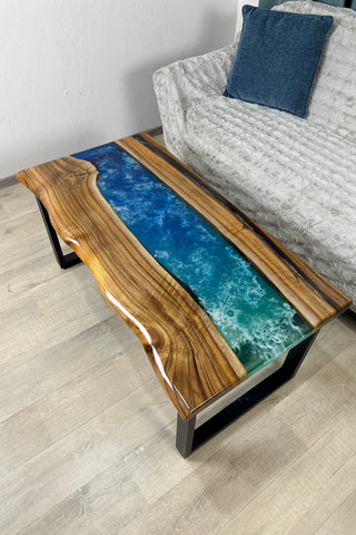 Walnut Wood River Coffee Table with Blue Resin