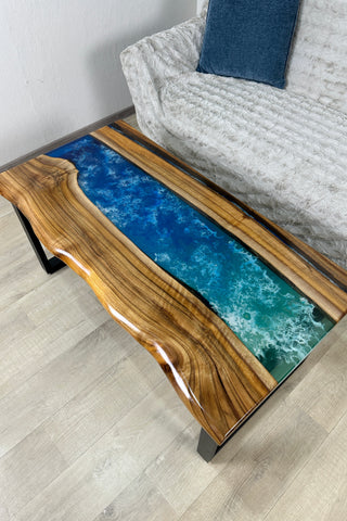 Walnut Wood River Coffee Table with Blue Resin
