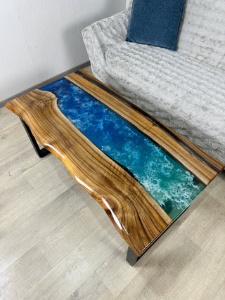 Walnut Wood River Coffee Table with Blue Resin