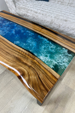Walnut Wood River Coffee Table with Blue Resin