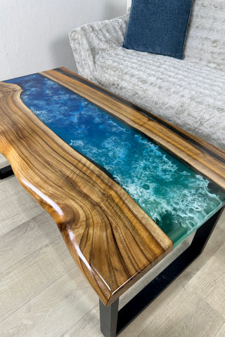 Walnut Wood River Coffee Table with Blue Resin