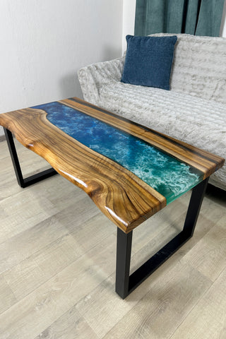 Walnut Wood River Coffee Table with Blue Resin
