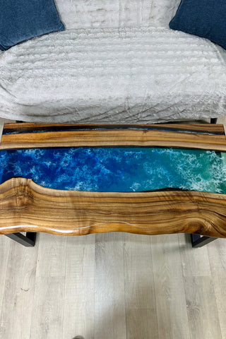 Walnut Wood River Coffee Table with Blue Resin