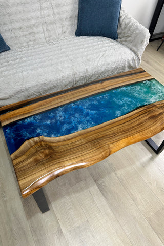 Walnut Wood River Coffee Table with Blue Resin