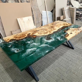 Green Ocean Epoxy River Dining Table