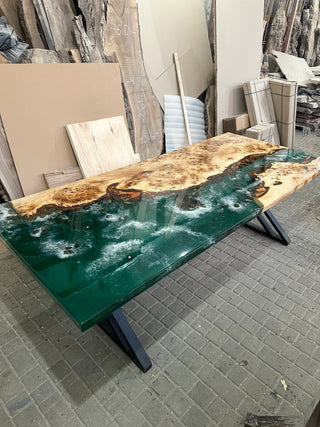 Green Ocean Epoxy River Dining Table