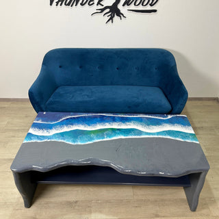 Grauer Epoxidharz und Holz Wasserfall Tisch