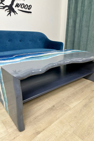 Grauer Epoxidharz und Holz Wasserfall Tisch