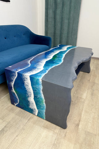 Grauer Epoxidharz und Holz Wasserfall Tisch