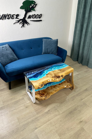 Waterfall Live Edge Ocean Wave Coffee Table With Shelf
