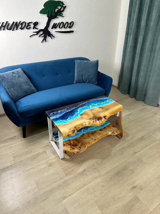 Waterfall Live Edge Ocean Wave Coffee Table With Shelf