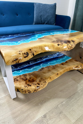 Waterfall Live Edge Ocean Wave Coffee Table With Shelf