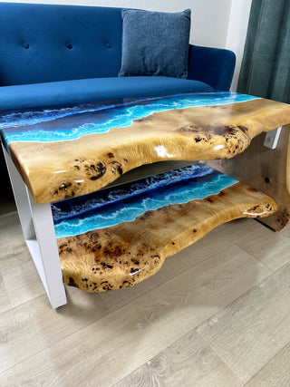 Waterfall Live Edge Ocean Wave Coffee Table With Shelf