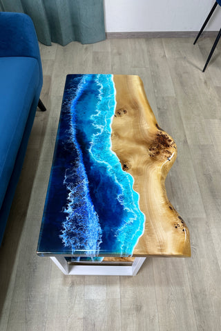 Waterfall Live Edge Ocean Wave Coffee Table With Shelf