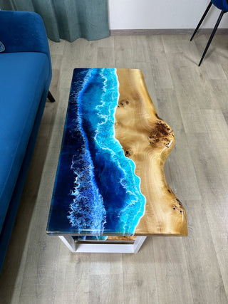 Waterfall Live Edge Ocean Wave Coffee Table With Shelf