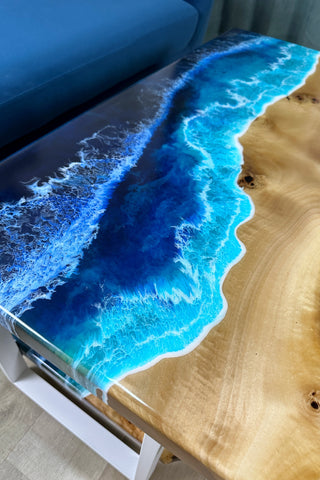 Waterfall Live Edge Ocean Wave Coffee Table With Shelf