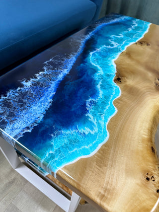 Waterfall Live Edge Ocean Wave Coffee Table With Shelf