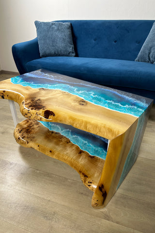 Waterfall Live Edge Ocean Wave Coffee Table With Shelf