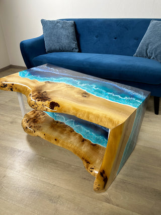 Waterfall Live Edge Ocean Wave Coffee Table With Shelf