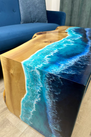 Waterfall Live Edge Ocean Wave Coffee Table With Shelf