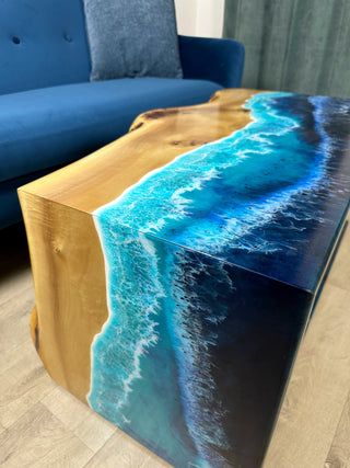 Waterfall Live Edge Ocean Wave Coffee Table With Shelf