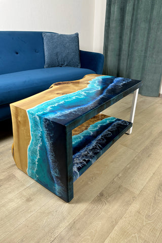 Waterfall Live Edge Ocean Wave Coffee Table With Shelf