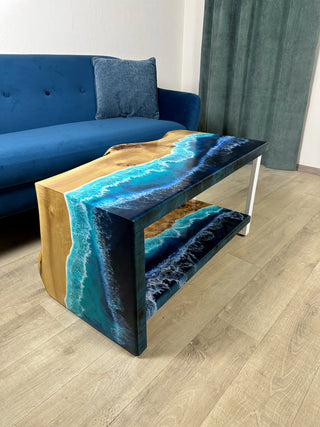 Waterfall Live Edge Ocean Wave Coffee Table With Shelf