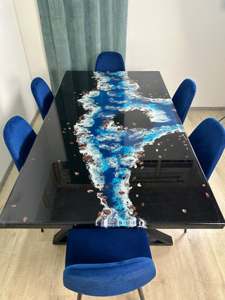 Black Sand Beach Ocean Art Resin River Dining Table inspyred by Reynisfjara, Iceland