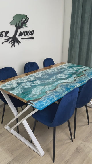 Sky Blue Ocean Art Epoxy River Dining Table