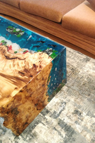 Waterfall Epoxy Resin Ocean Table with Fish