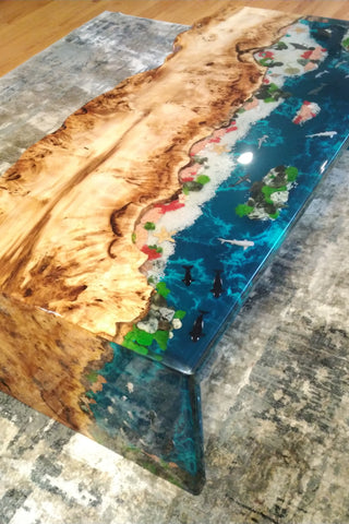 Waterfall Epoxy Resin Ocean Table with Fish