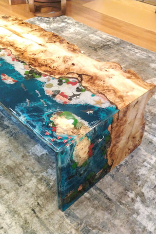 Waterfall Epoxy Resin Ocean Table with Fish