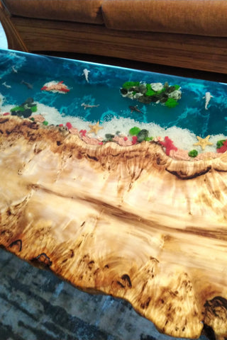 Waterfall Epoxy Resin Ocean Table with Fish