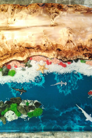 Waterfall Epoxy Resin Ocean Table with Fish